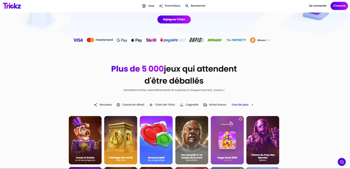 Page d'accueil du casino en ligne Trickz